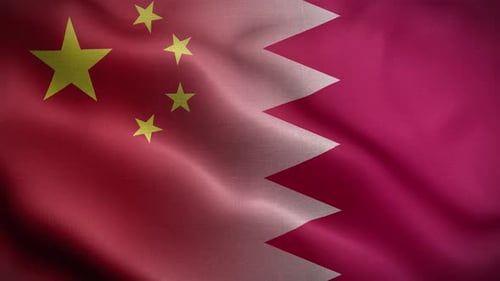 Waving Flags of China and Qatar Realistic Animation