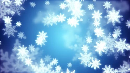 Beautiful festive blue Christmas New Year snowflakes shining falling glowing with blur effect and bo