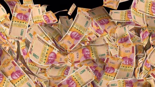 200 Rupees money transition. Cash rain. Alpha channel.