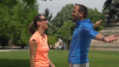 Happy, Successful Joggers Hugging in City Park, Super 240