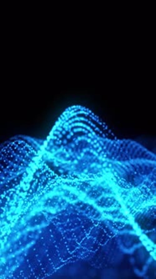 Fließende Wellen blau leuchtender Datenpartikel bilden ein digitales Terrain vor dunklem Hintergrund