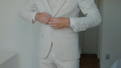 Man Buttons Beige Suit Jacket Indoors