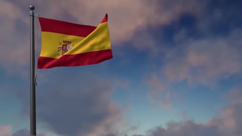 Realistic Spain Flag Waving with Blue Sky Background Loop