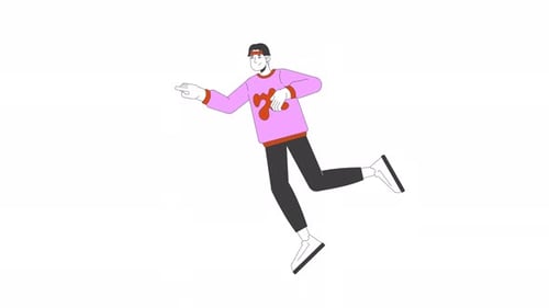 Glücklicher koreanischer Mann, der nach vorne zeigt und schwebende 2D-Charakteranimation