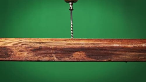 Screw is Screwed Into a Wooden Board with a Screwdriver CloseUp