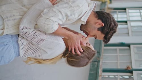 Happy Lovers Kissing Tenderly Tiny Street Vertical Closeup Pair Romantic Date