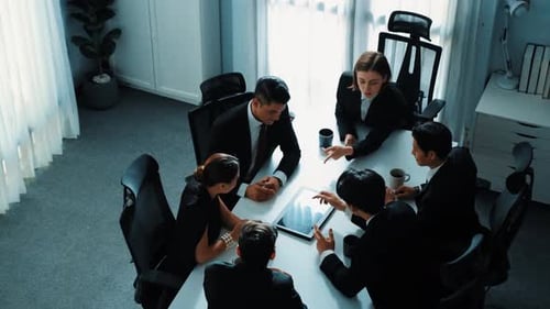 Top view of diverse business team discuss about marketing idea. Directorate.