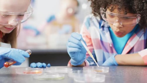 Diverse happy schoolchildren having science class in school lab