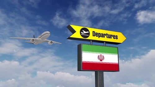 Animated Airplane Departs Past Iran Flag Sign