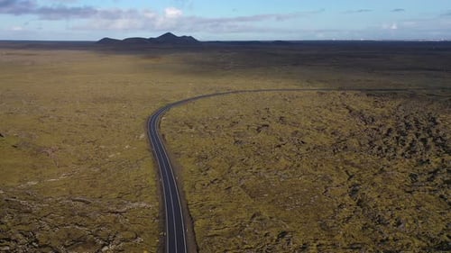 Aerial view of road through landscape, Iceland.