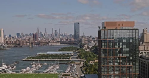 NYC New York Aerial v204 flyover Brooklyn Heights capturing Manhattan bridge crossing, waterfront pa
