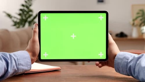 Tablet Computer with Green Screen and Chroma Key for Video Conference. Mockup