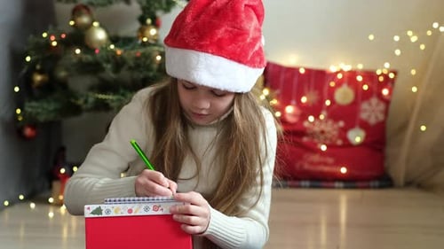 Girl in Santa Hat Writes Christmas Letter