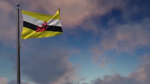 Realistic Brunei Flag Waving Against Dynamic Sky Background