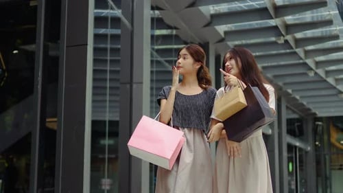 two women shopping goods outdoor at department store. friend holding shopping bags then walking