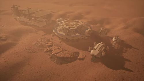 Mars Colony Operates in Dusty Landscape with Advanced Structures and Equipment