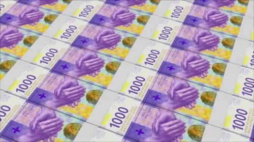 1000 SWISS FRANC banknotes printing by a money press