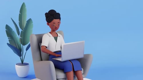 3D Animated Businesswoman Working on Laptop