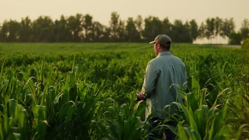 Happy Farmer Viewing His Agricultural Field With Growing Corn Plants Enjoying Good Harvest