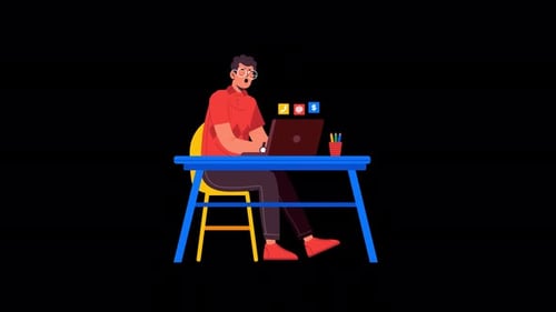 Flat Design Animation of Person Working on Laptop with Communication Icons