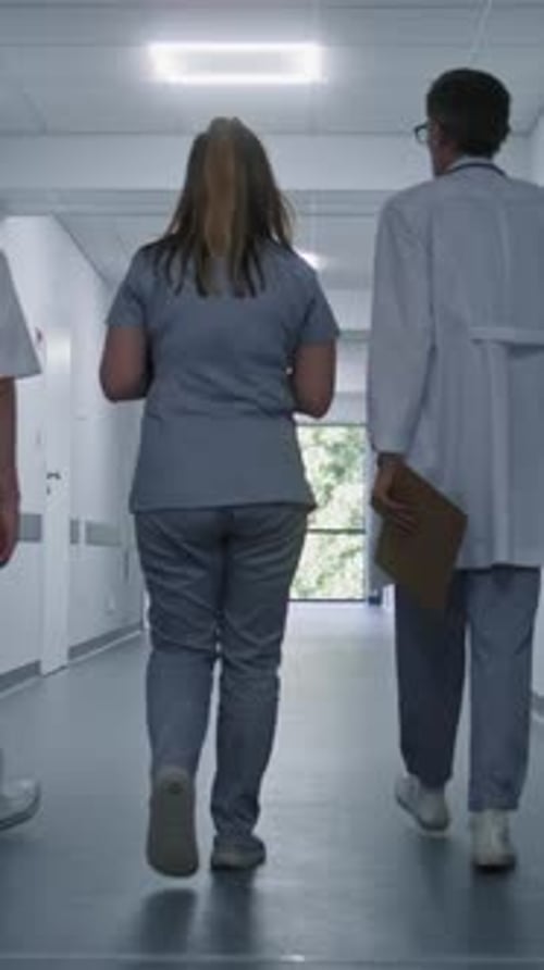 Back View of the Doctors Walking Along the Clinic Corridor