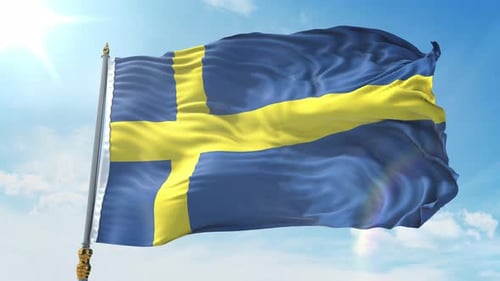 Sweden National Flag Waving in Blue Sky with Sunflare