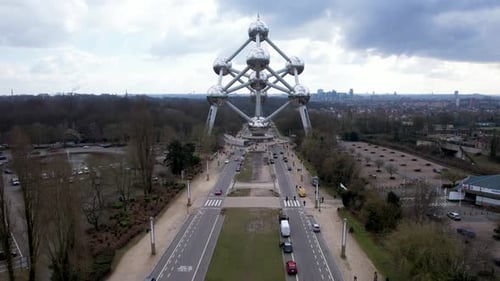 Aerial view of the Atomium and cityscape, Belgium.