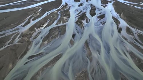 Aerial view of glacial rivers, Iceland.