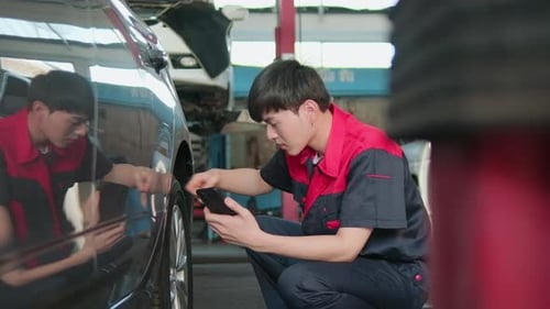 Male Asian automotive mechanical worker checks tire pressure at a car garage.