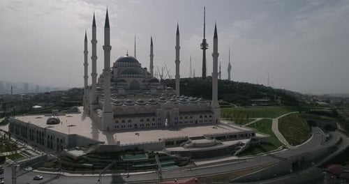 Aerial video around the Camlica mosque, with six minarets Turkey