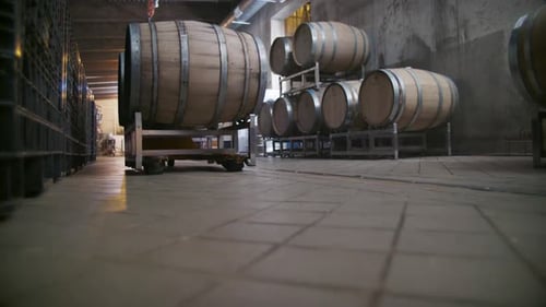 In diesem atemberaubenden 4K-Clip werden Weinfässer in einem Keller herumgekarrt.