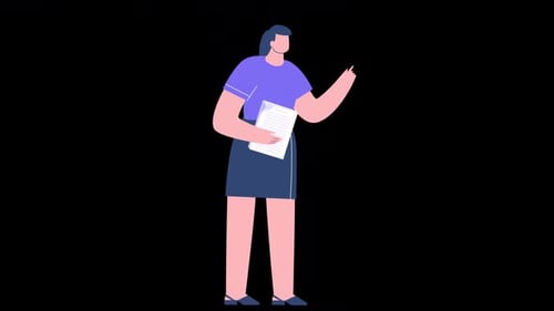 Flat Design Woman Pointing Up Holding Documents Animation