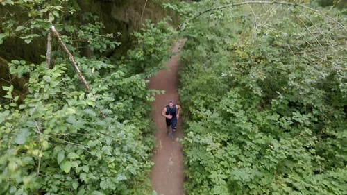 Man Jogging Forest Trail With Rising Aerial Background For Titling
