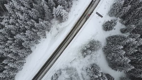 Winter Mountain Road Surrounded By Snowy Trees Aerial View