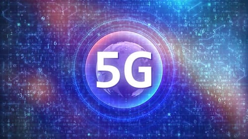5G Concept on Futuristic Cyberspace Background with HUD, Numbers, and Globe