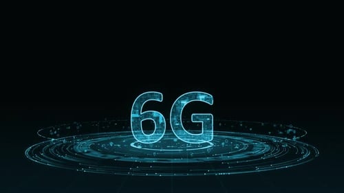 Blue digital 6G letter with particle ring circle rotation with ai technology icons