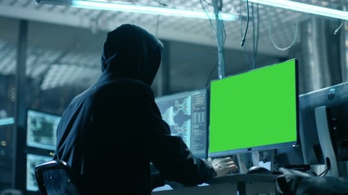 Team international gesuchter Hacker im Teenageralter mit Greenscreen-Mockup-Display infizieren Server und