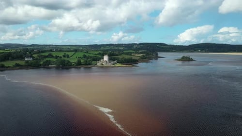Aerial view of Doe Castle, Donegal County, Ireland on a picturesque coastline of Sheephaven Bay. His