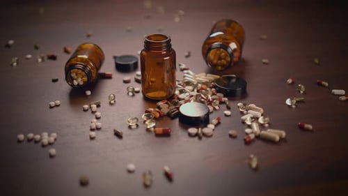 Pills, Capsules, and Amber Bottles on Brown Surface