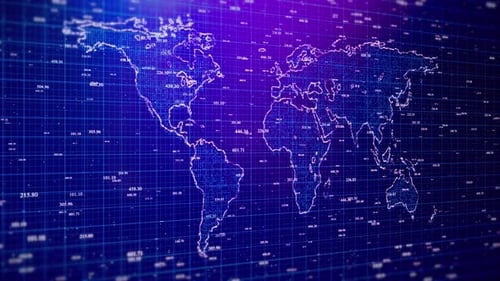 Futuristic World Map with Digital Data Grid