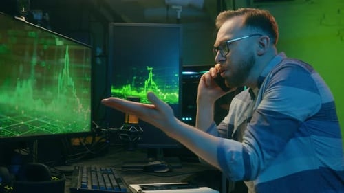 Angry Caucasian Crypto Trader Man Guy Developer Worker Speaking Two Mobile Phones Employee Discuss