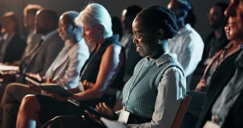 People, audience and tablet for conference seminar or learning online notes at workshop, training
