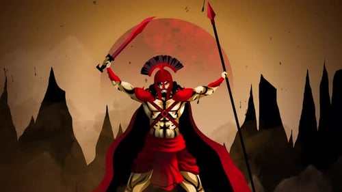 Der griechische Gott Ares Mars steht mit Schwert und Speer auf dem Schlachtfeld in einer epischen Kriegsszene
