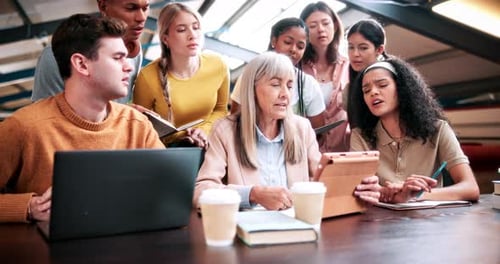 Woman, students and sad with tablet at college with results, achievement or group with mistake