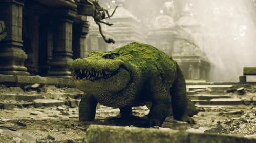 Crocodile se reposant parmi d'anciennes ruines recouvertes d'une mousse verte luxuriante