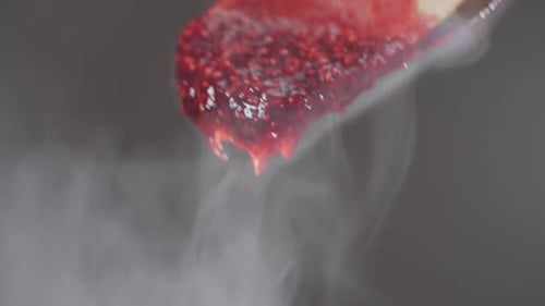 Cooking Raspberry Berrie Jam with Sugar Boiling Marmalade Jar of Raspberry Jam and Fresh Berries