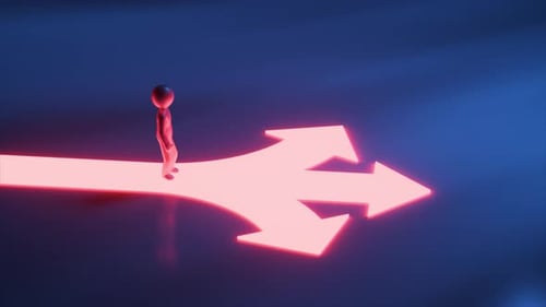 Metallic Character Standing on Glowing Path Reaching Crossroads with Three Glowing Arrows Pointing