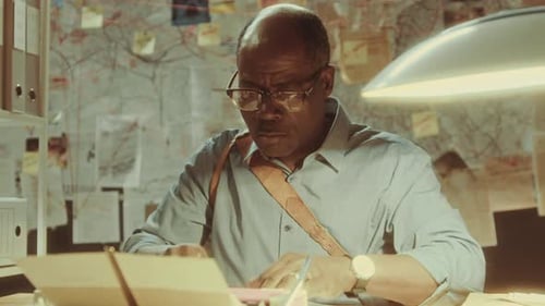 Concentrated Investigator Working on Manual Typewriter Late in Office