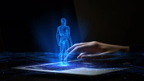 AI Humanoid Interacting with Futuristic Digital Network