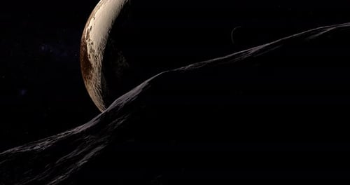 Cosmic Planet with Orbiting Moon and Foreground Asteroid